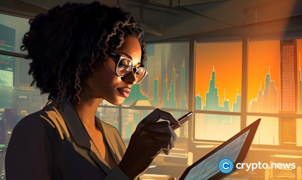 Crypto News Black Woman Reading A Smartphone In Office Front Side View Bright Trading Chart Backgrou.jpeg