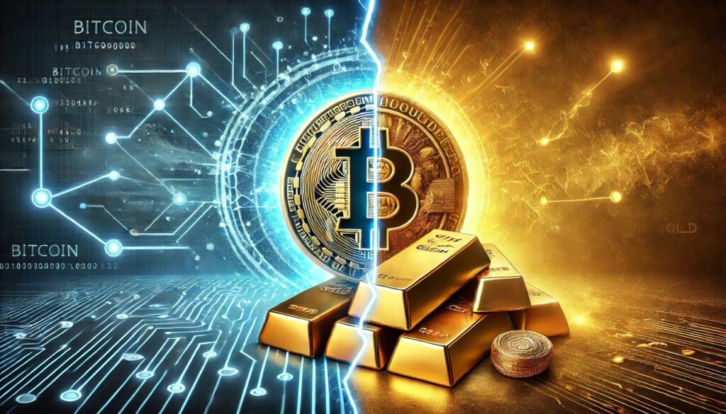 Dall·e 2025 02 13 08.40.02 A Dramatic Visual Representation Of Bitcoin Versus Gold. On One Side A Gl.jpeg